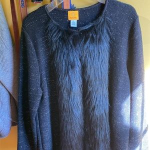 Black with black fur, trim and gold, threading throughout the sweater…